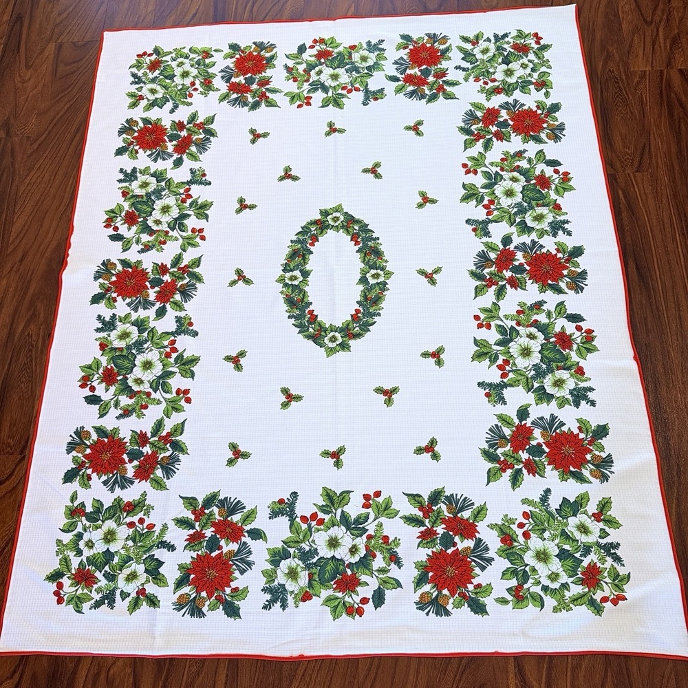 VTG Christmas Tablecloth 54x65 Poinsettia Holly Wreath Red White Floral READ